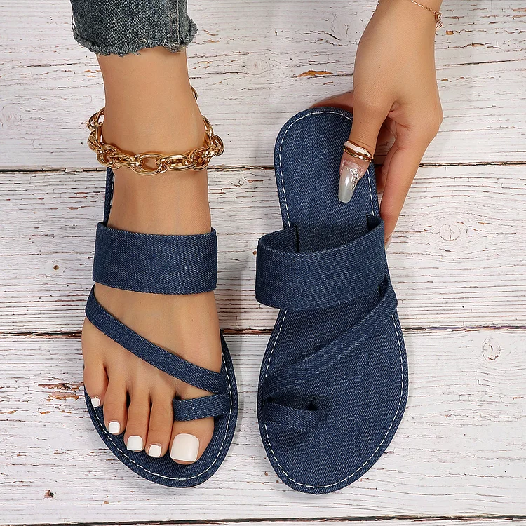 Casual Plain Toe Ring Denim Stitch Detail Slide Sandals