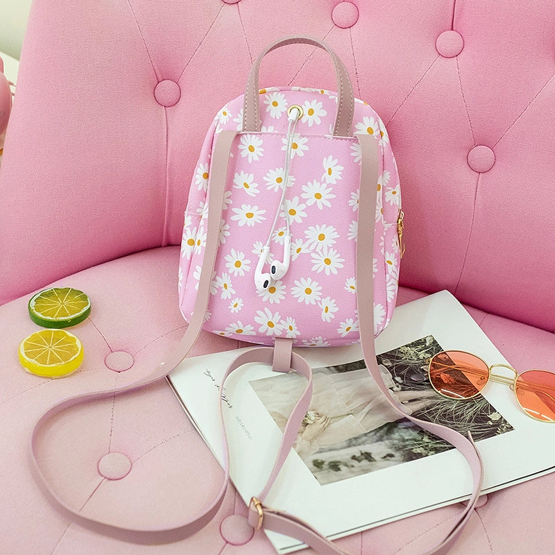 Women’s Small Pu Leather Daisy Cute Streetwear Square Zipper Zipper Backpack