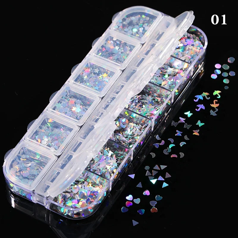 12 Grids Spangles Nail Sequins Aurora AB Nail Flakes Stunning Pailliette Heart Butterfly Spring Sticker Nart Tips Decoration-Nail Inspo