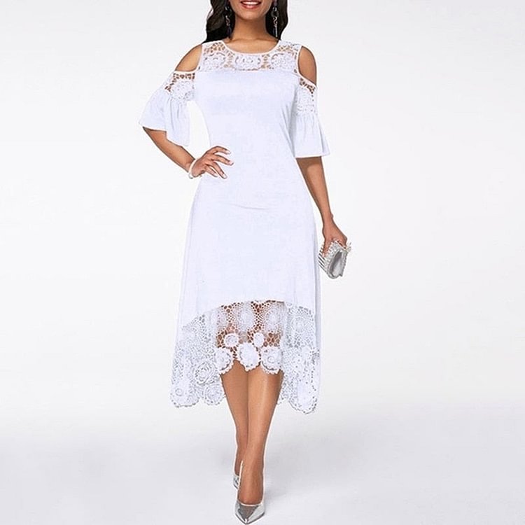 Butterfly Sleeve Mid-calf Dress Women Sexy Cold Shoulder Dress Lace Stitching Ladies Dresses Spring Female Vestido