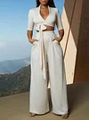 Lace-Up Half Sleeves Wide Leg Suits