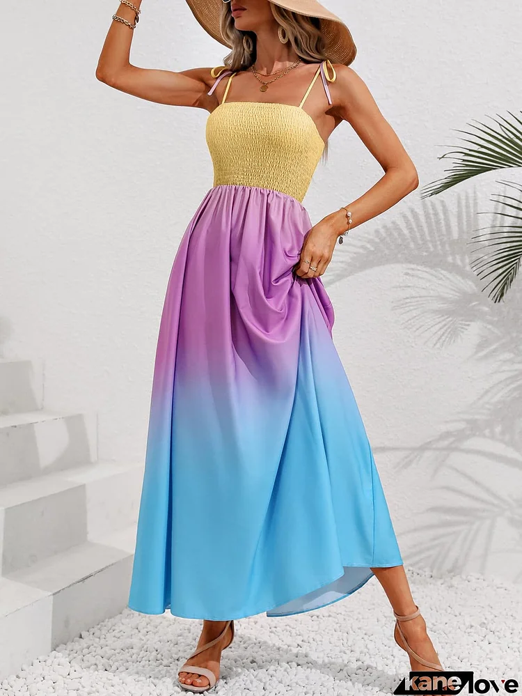 Color Block Tie Shoulder Smocked Maxi Dress