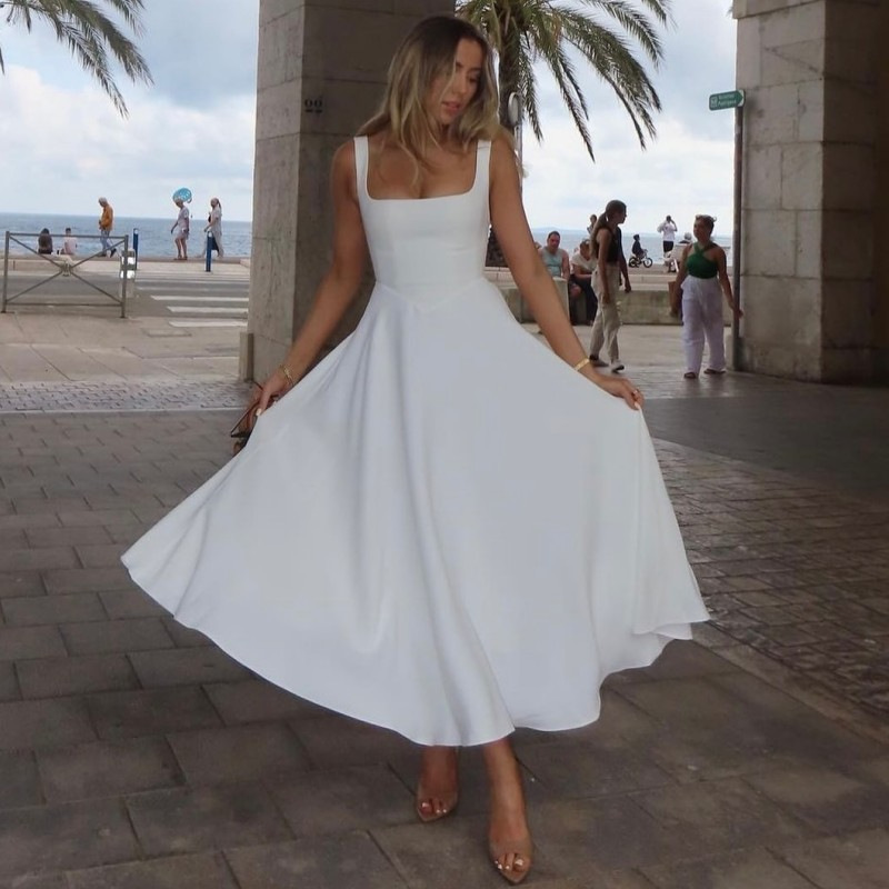Women's Square Neck A-Line Maxi Dress, Sleeveless Formal Bridal Evening Gown