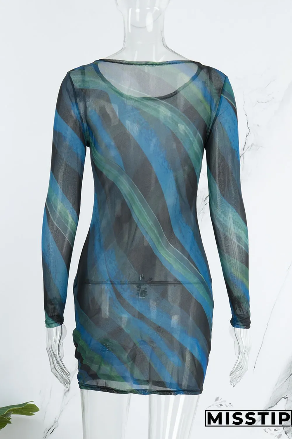 Blue Black Sexy Print O Neck Long Sleeve Dresses