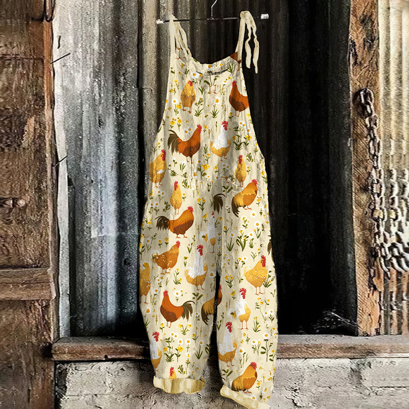 Comstylish Women's Vintage Farm Chicken Graphics Loose Jumpsuit
