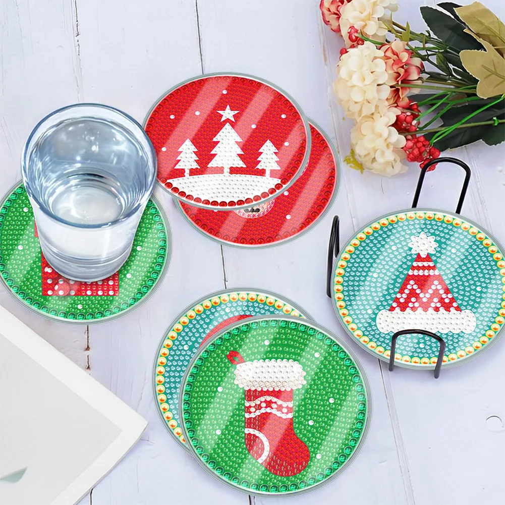 [Upgrade - Waterproof Coaster]6pcs DIY Christmas Coaster Set Holiday Christmas for Adults and Beginners(With Covers)