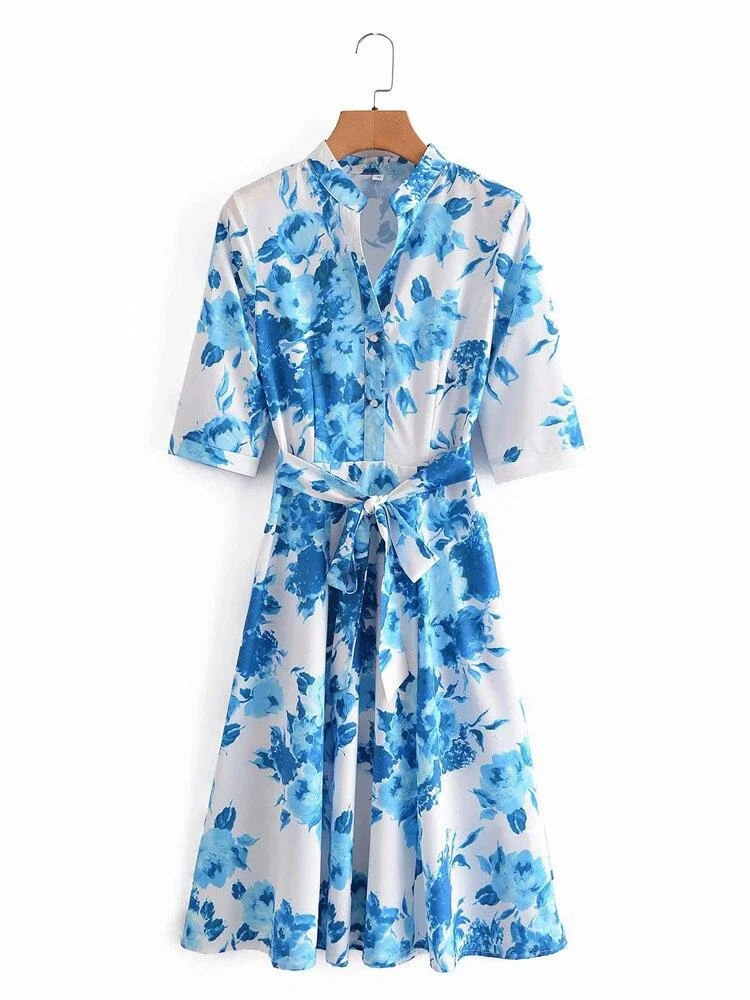 PUWD Sweet Women V Neck Draw Back Dress 2021 Summer Fashion Ladies Beach Style Dress Female Flower Printed Mini Dress