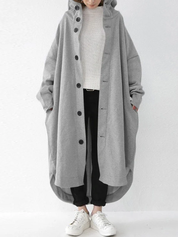 Loose Solid Color Buttoned Hooded Windbreaker Coat