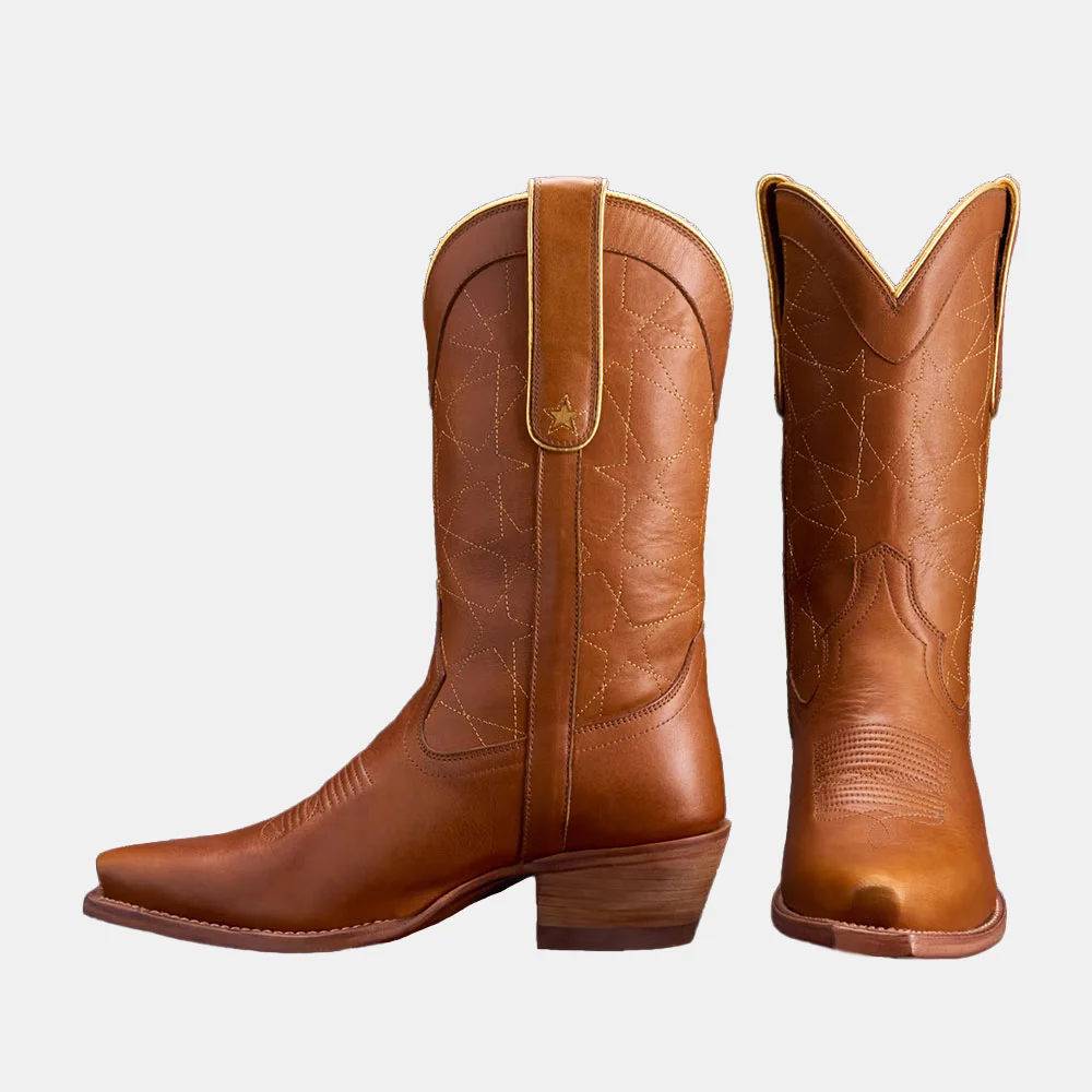Brown Snip Toe Chunky Heel Star Stitching Mid Calf Cowgirl Boots