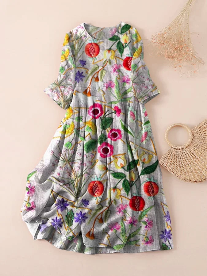 Women's Vintage Floral Embroidery Design Printed Dress