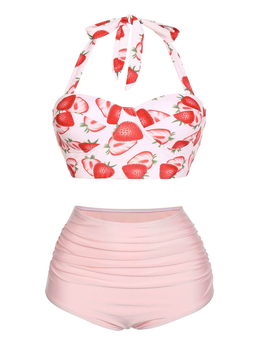 Strawberry Halter Lace-Up Pleated Bikini Set
