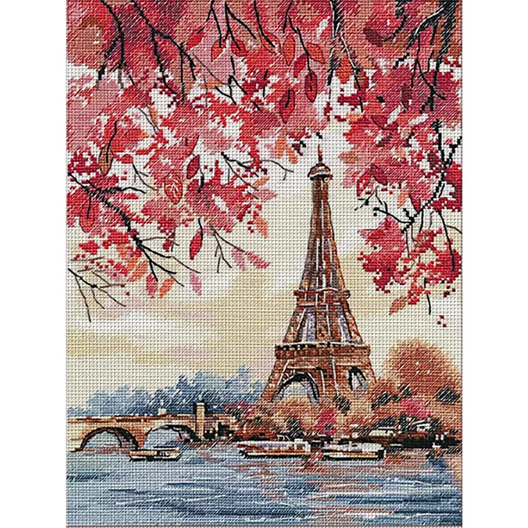 Spring Brand - Landscape Maple Red Eiffel 16CT Stamped Cross Stitch 33*41CM