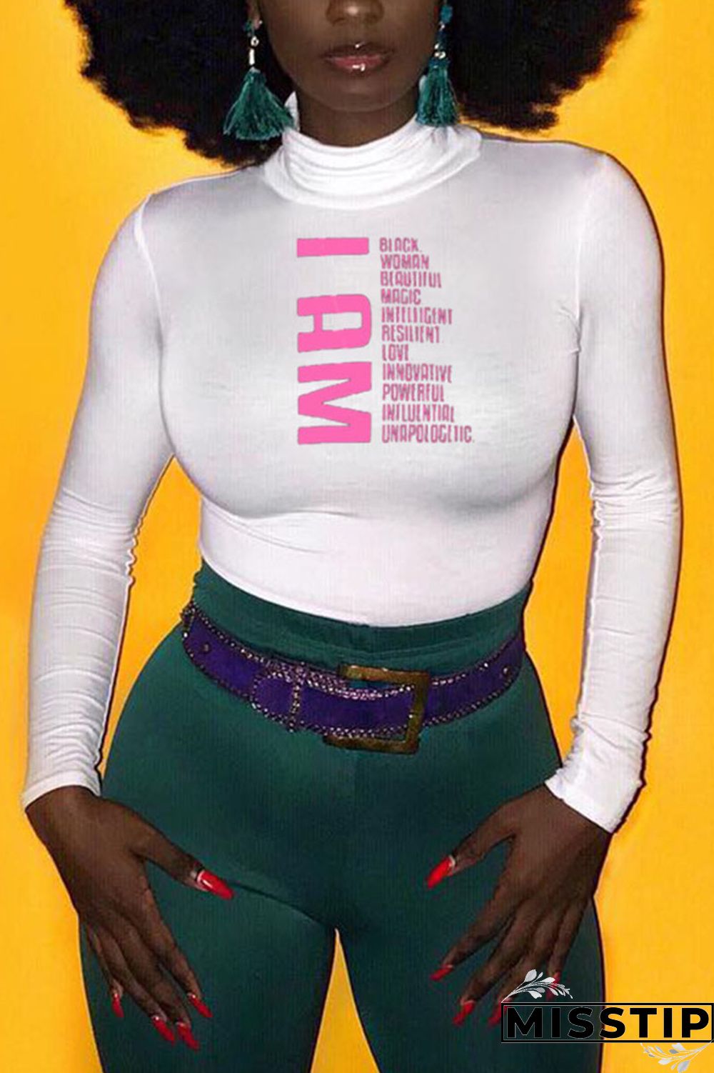 Pink Fashion Print Turtleneck Tops