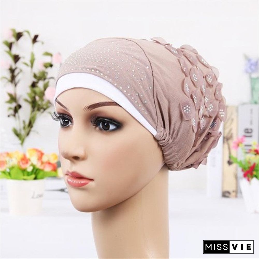 Women's Sequins Flowers Muslim Turban Hat Cap