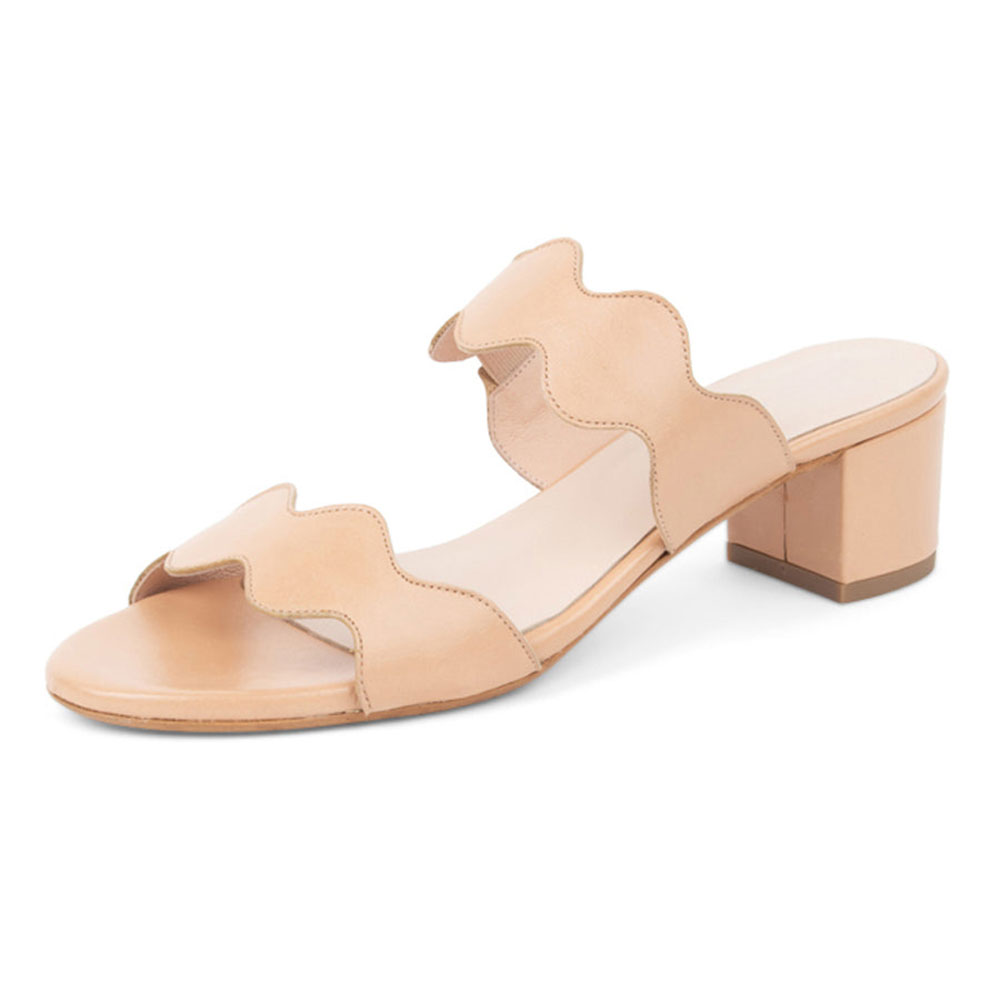 Nude Vegan Leather Round Toe Mid Block Heel Slip On Sandals Nicepairs