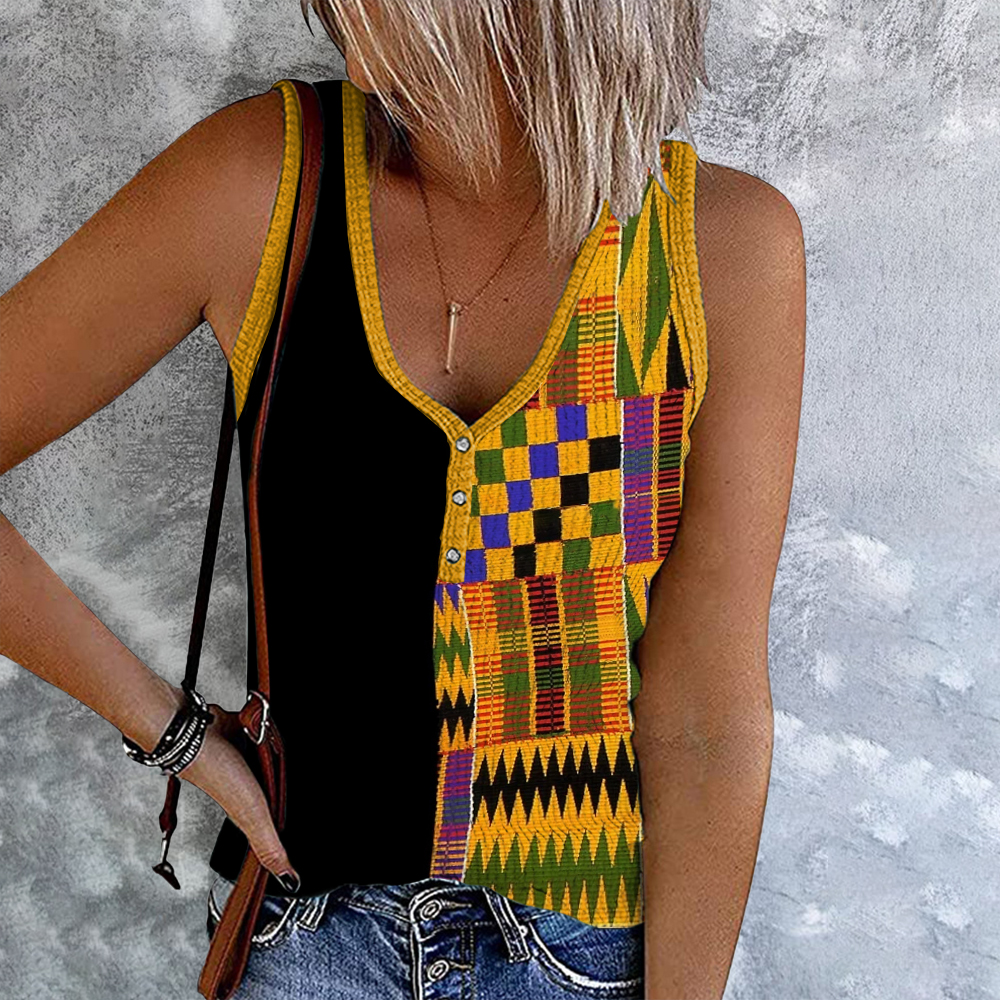 Comstylish African Tribal Kente Print V-Neck Tank Top