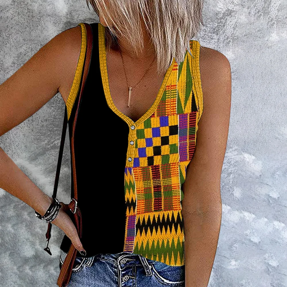 African Tribal Kente Print V-Neck Tank Top