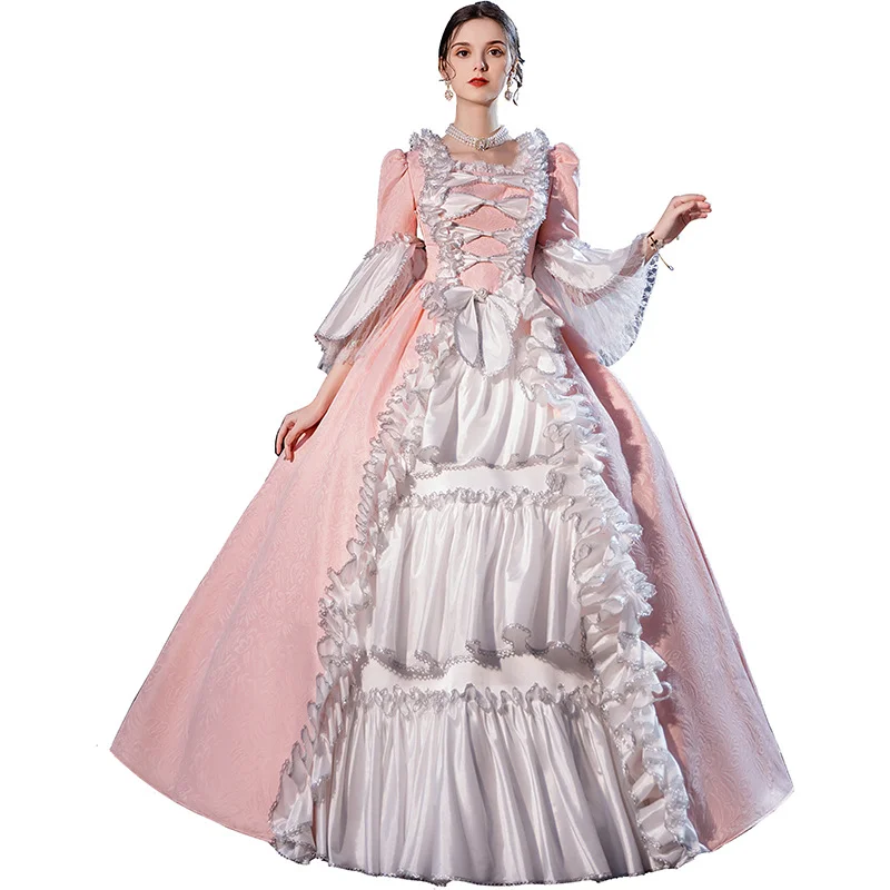 Pink Aristocratic Princess Dress Jacquard Marie Antoinette Retro Costumes Women Victorian Tiered Dress Masquerade Wedding Plus Size  Ball Gown Lace Dress Novameme