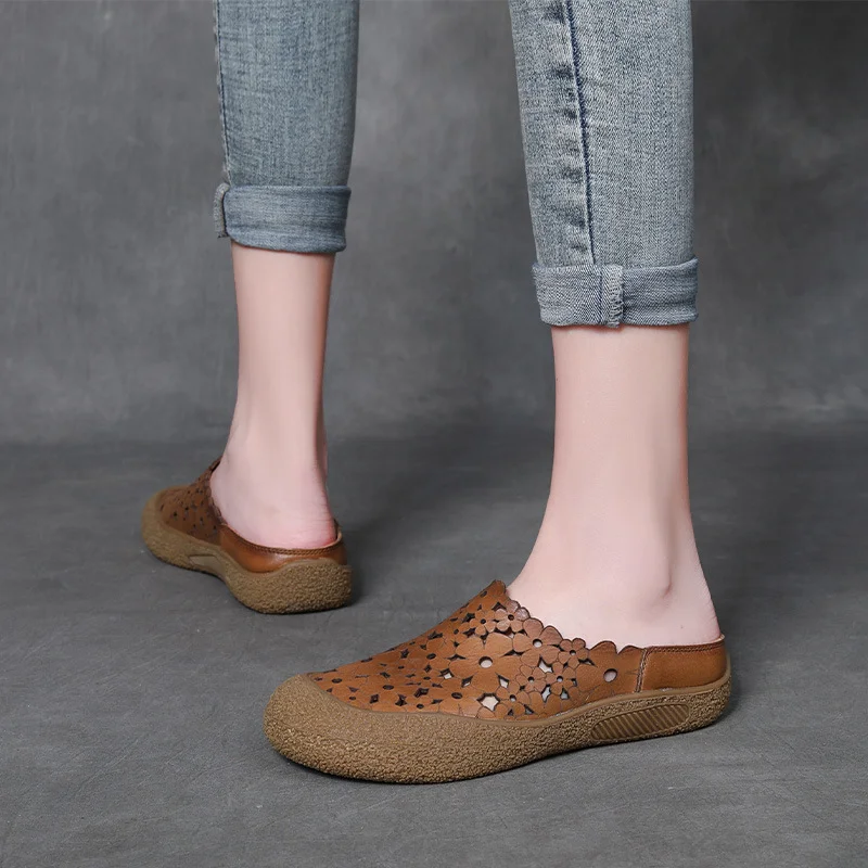 Yyvonne Half Slippers Women's Summer New National Style Wear Retro Soft Sole Shoes Flat Sandals Hollow Women's Shoes