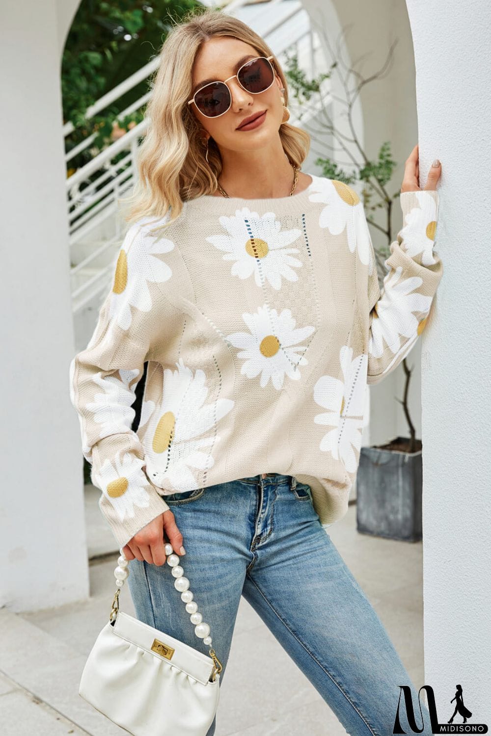 MidiSono - Daisy Print Openwork Round Neck Sweater