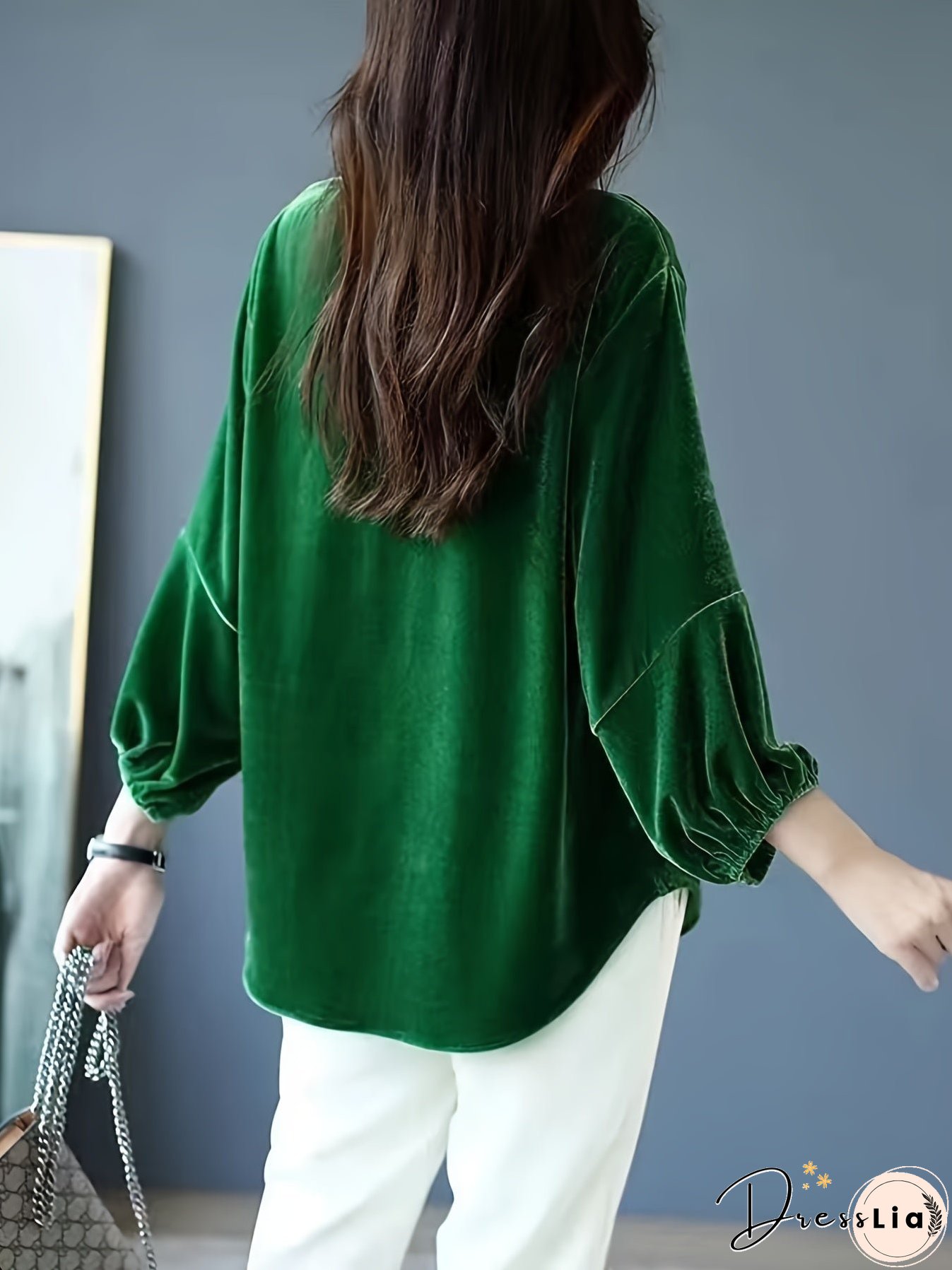 Lantern Sleeve Solid Blouse, Casual Crew Neck Versatile Blouse, Women's Clothing