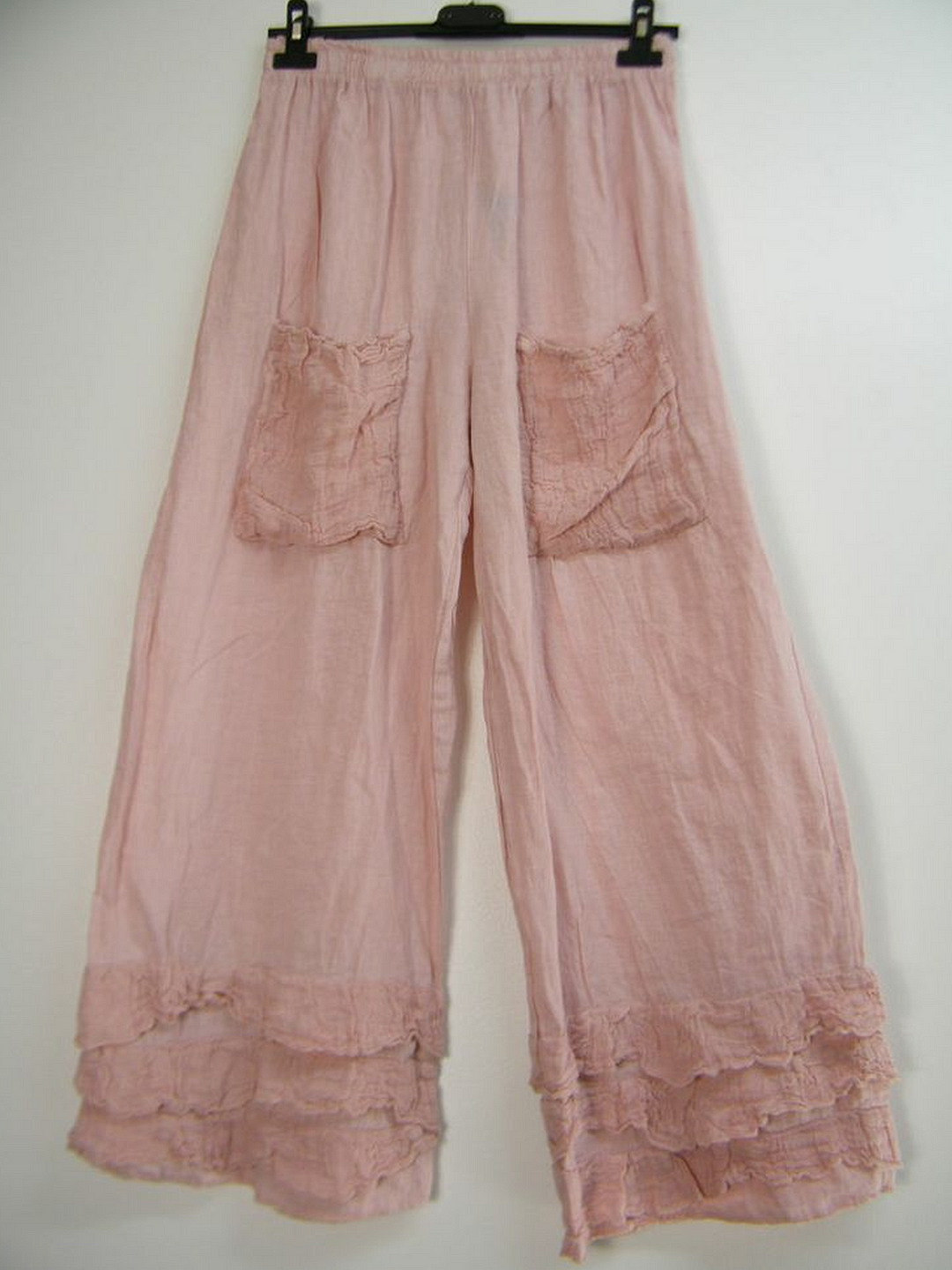 Womens Solid Color Ruffled Hem Linen Pants With Pockets