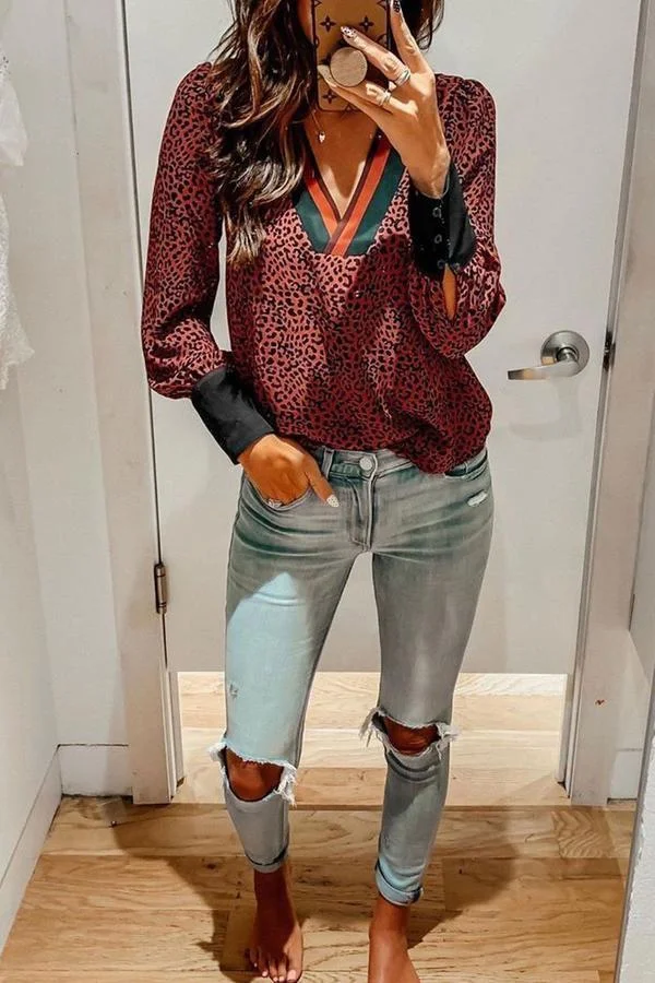 Leopard Print Long Sleeves V-Neck Shirt-Allyzone-Allyzone