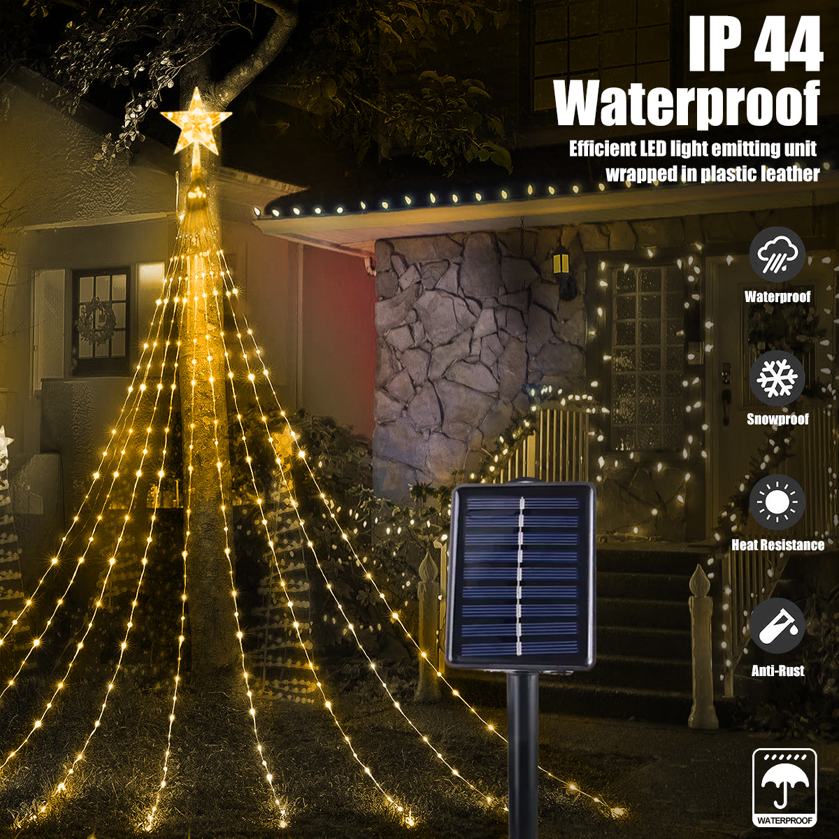 Tegooe Solar Christmas Tree Waterfall Star String Lights - 8 Modes Outdoor Decoration
