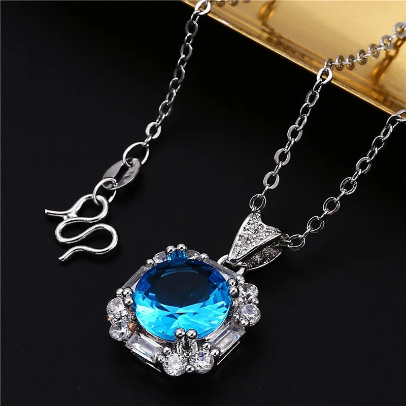 Female Small Blue Round Pendant Necklace Dainty Silver Color Chain Necklaces Charm Zircon Wedding Necklaces For Women
