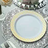 10 Pack | White 7.5" Gold Buffalo Plaid Rim Plastic Dessert Plates, Round Appetizer Salad Plates W/Checkered Rim