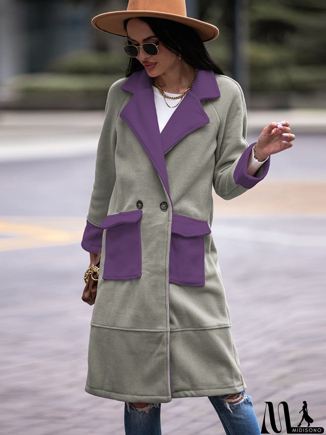 MidiSono - Contrast Lapel Collar Coat with Pockets