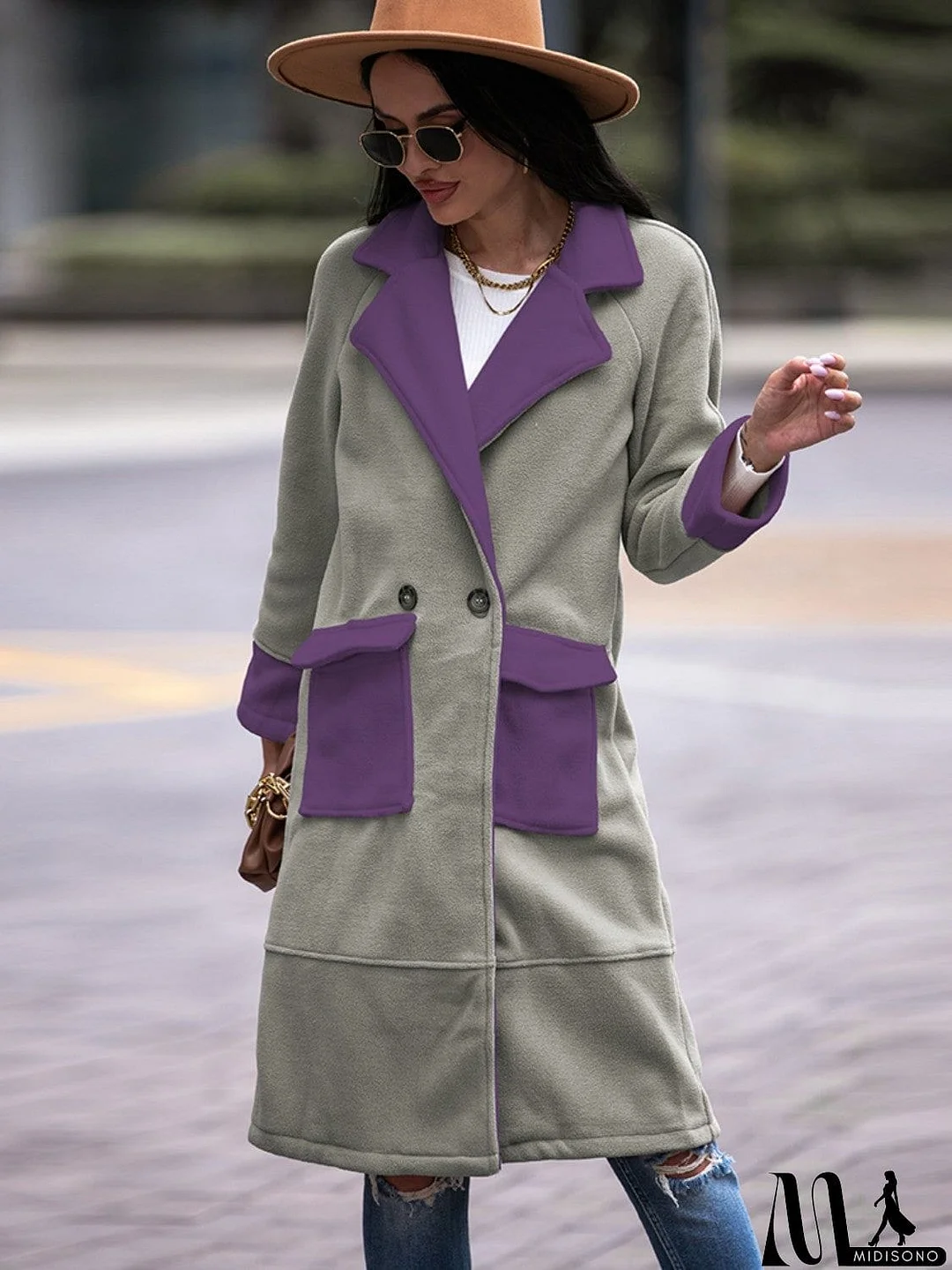 MidiSono - Contrast Lapel Collar Coat with Pockets