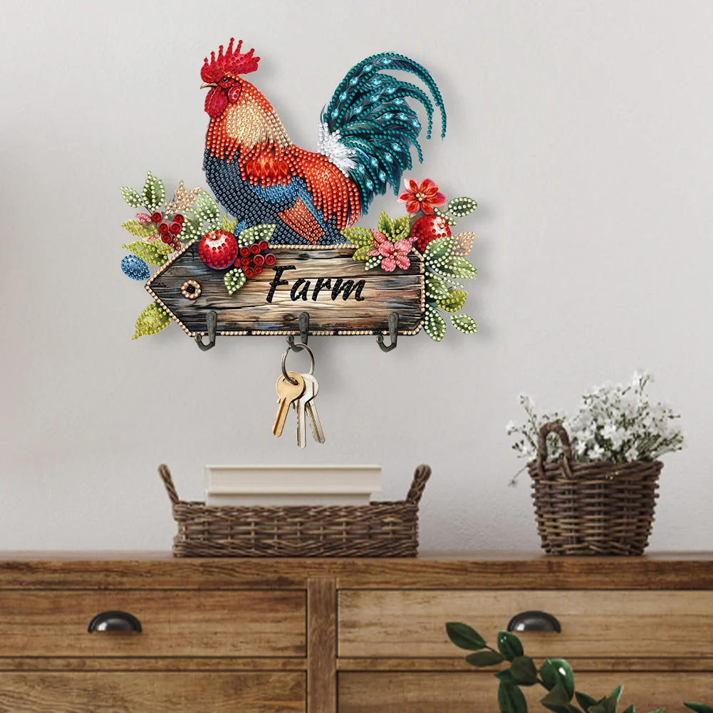 DIY Farm Rooster Wooden Diamond Painting Hanging Hooks for Beginners Adults(24*20cm)