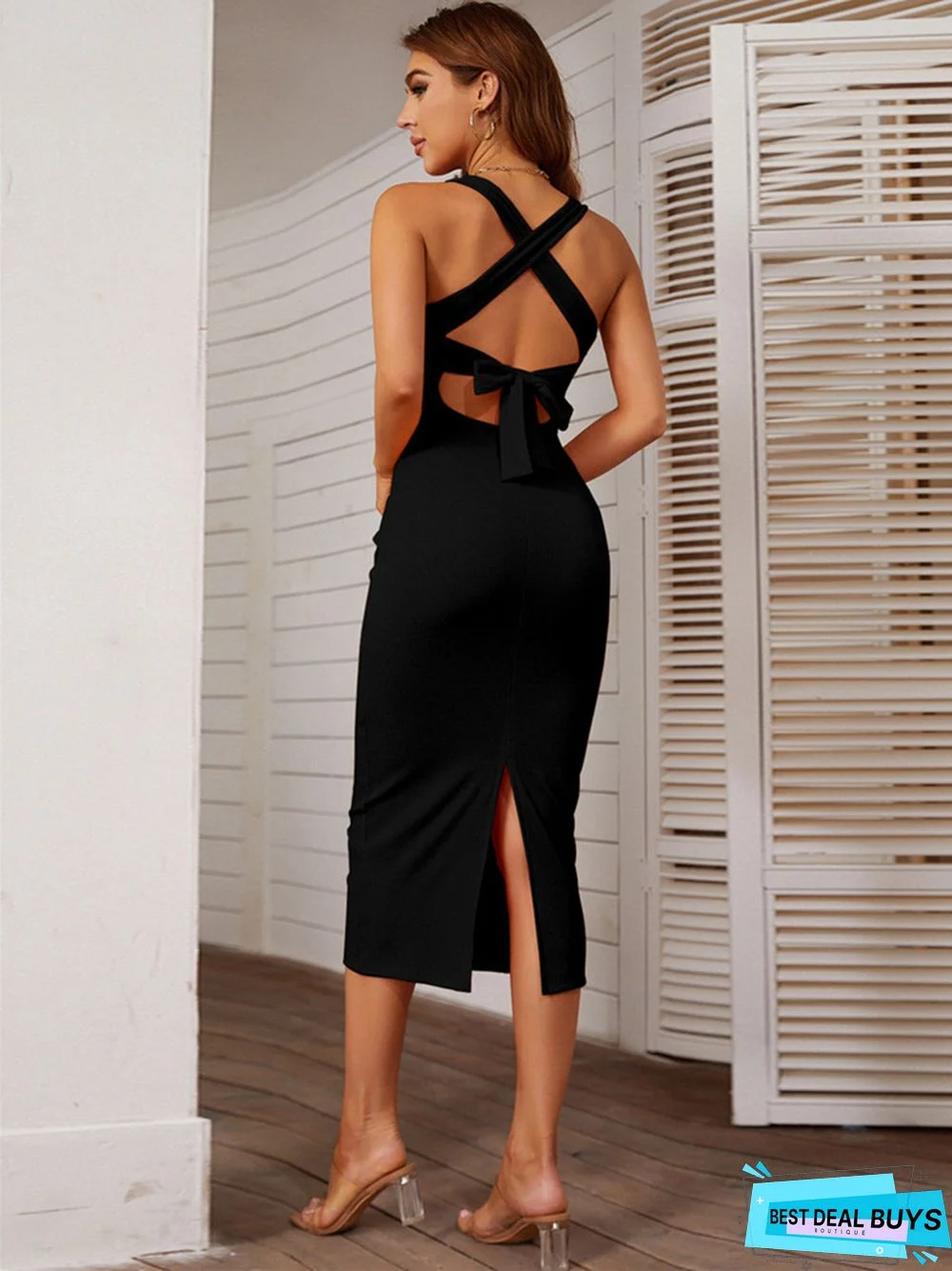 Solid Color Slim Fitting Dinner Dress with Suspender and Split Dress