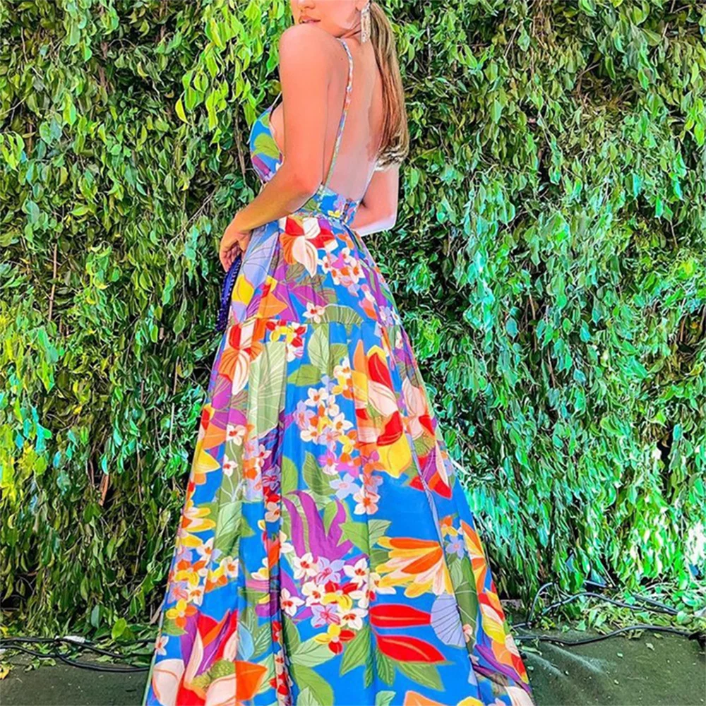 Uveng Uveng Summer New Women's Wish Dress Holiday Print Shoulder Slings Long Skirt