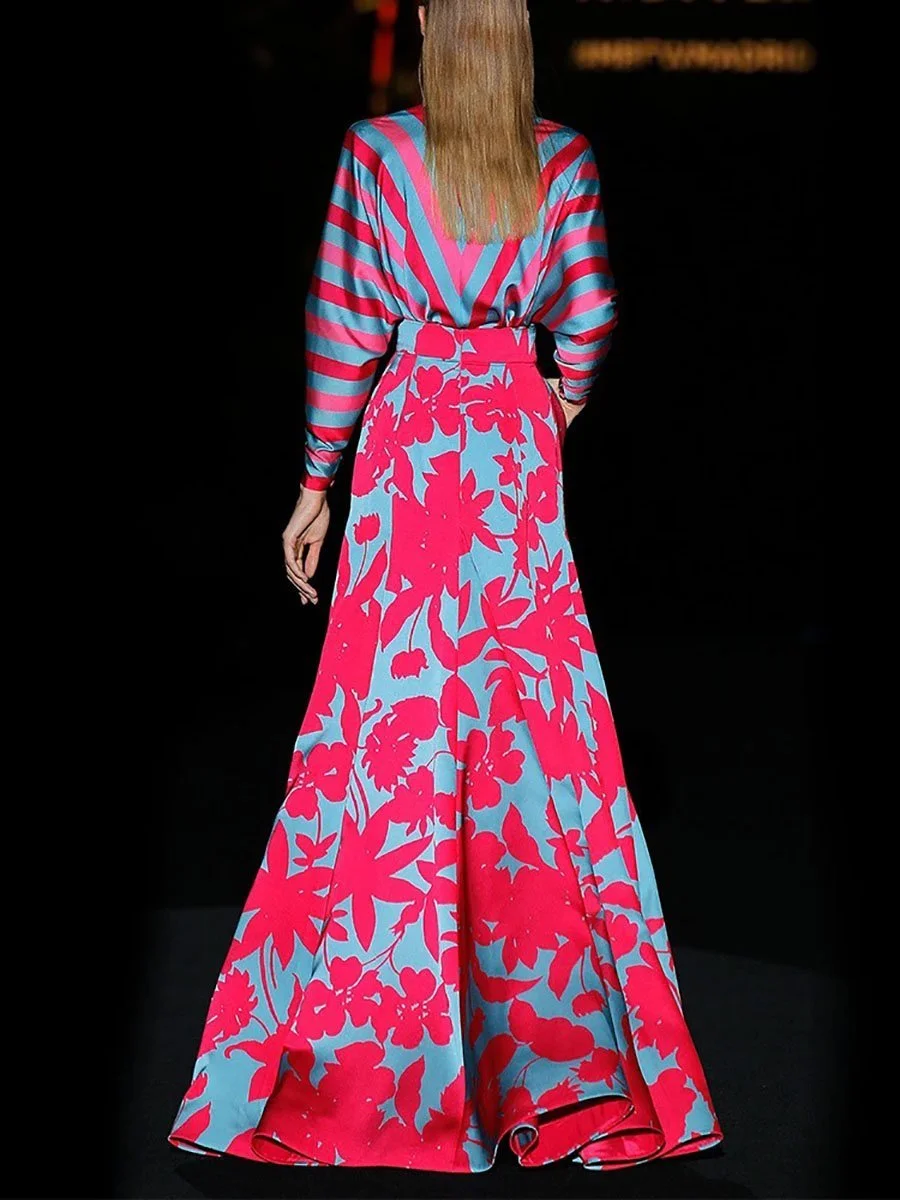 Deep v neckline long sleeve bright print dress