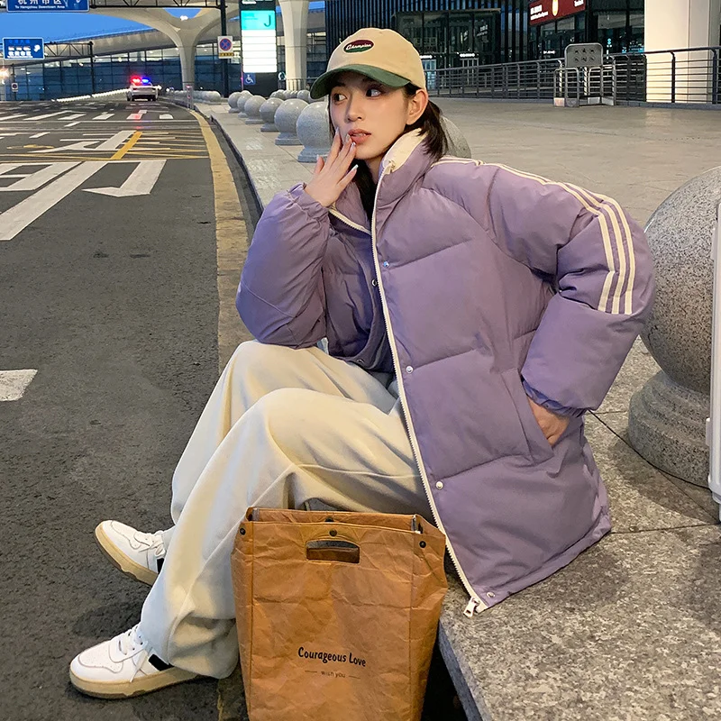 Woherb The 2024 New Autumn And Winter Korean Version Of The Loose Standing Collar Cotton-Padded Jacket And Thick Coat Tide-Outfit Ideas