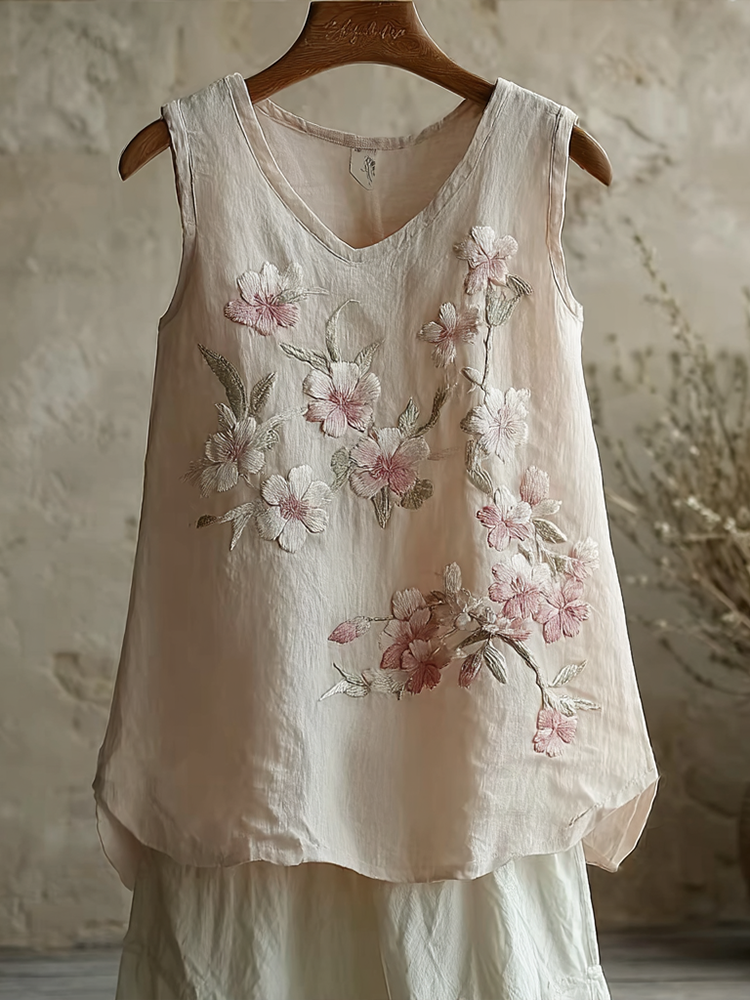 Sakura Embroidery Pattern Casual Cotton Linen Vest elevenforest