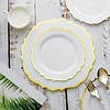 10 Pack | 8" White Plastic Dessert Salad Plates, Disposable Tableware Round With Gold Scalloped Rim