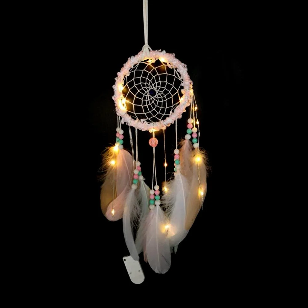 Romantic Feathers Beads Light Dream Catcher Bedroom Hanging Pendant Decor
