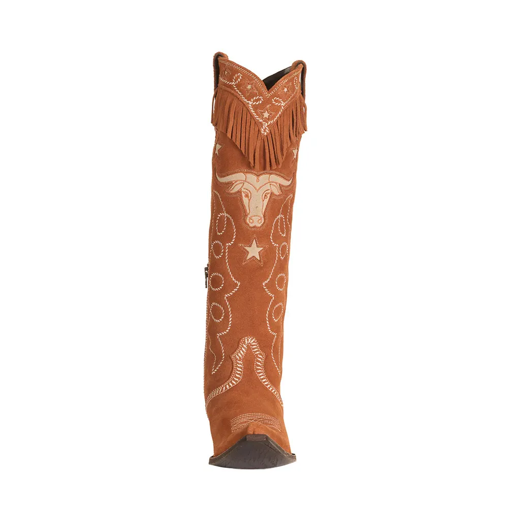 Women's Tan Cow & Star Inlay Embroidered Knee High Cowgirl Boots