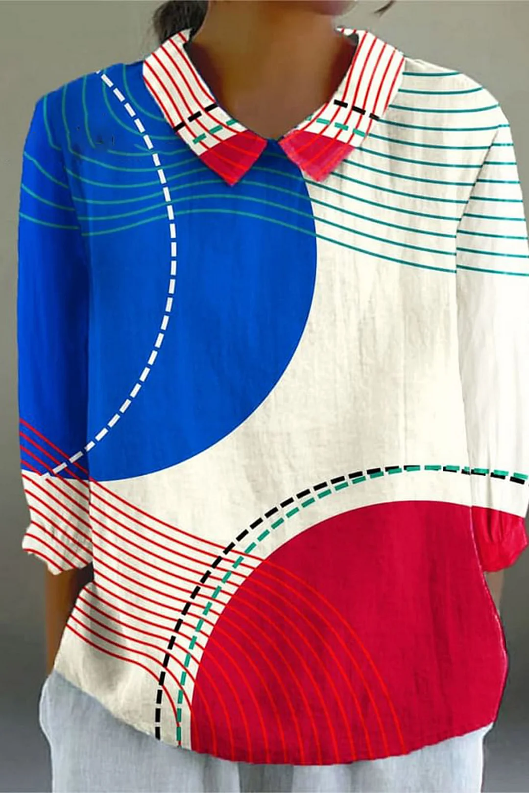 Women's Vintage Abstract Geometric Art Print Casual Cotton And Linen 3/4 Sleeve Shirt