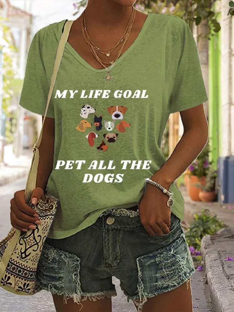 Vefave Dog Lover Letter Graphic Loose V Neck T Shirt