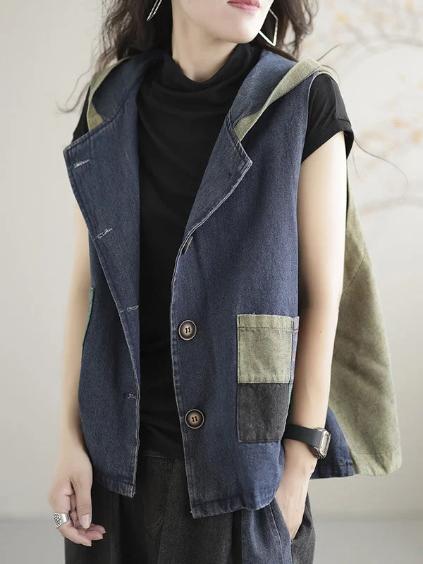 Artistic Retro Loose Denim Sleeveless Buttoned Contrast Color Hooded Vest Outerwear