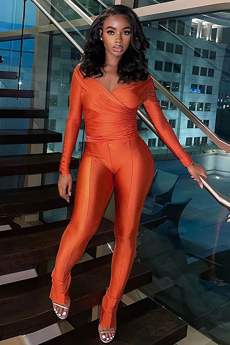 Off Shoulder Deep V Neck Long Sleeve Ruched Top Slim Fit Pants Matching Set-Orange