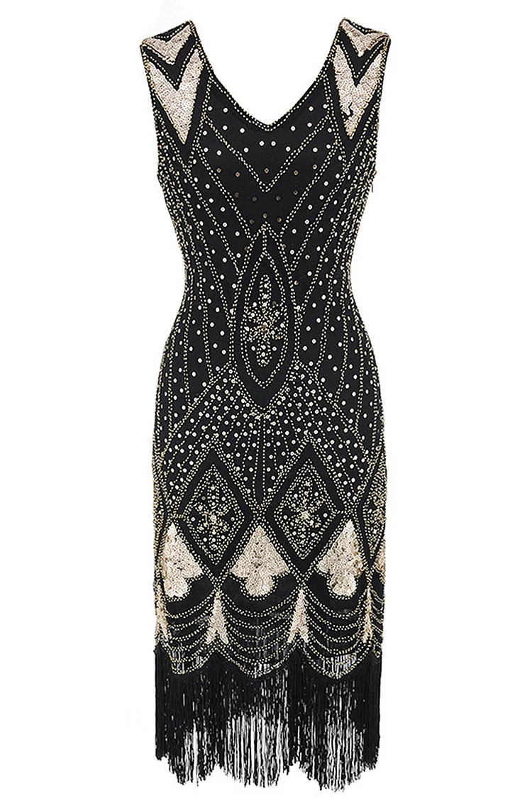 1920s Retro Black Gold Sequin Fringe Midi Dress