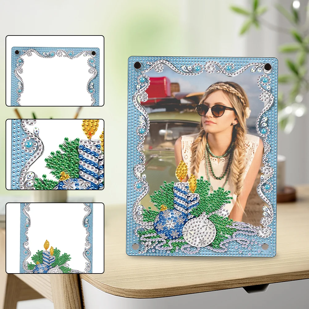 5D DIY Christmas Blue Floral Special Shape Diamond Painting Photo Frame Home Decor