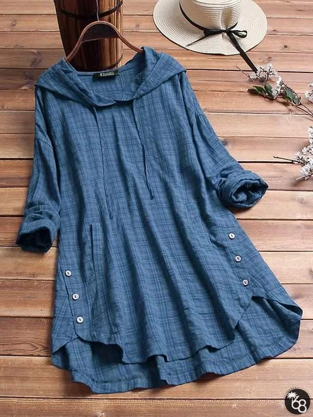 Plus Size Blouse Women Casual Hooded Long Sleeve Check Plaid Loose Tops Shirts Linen | 168DEAL