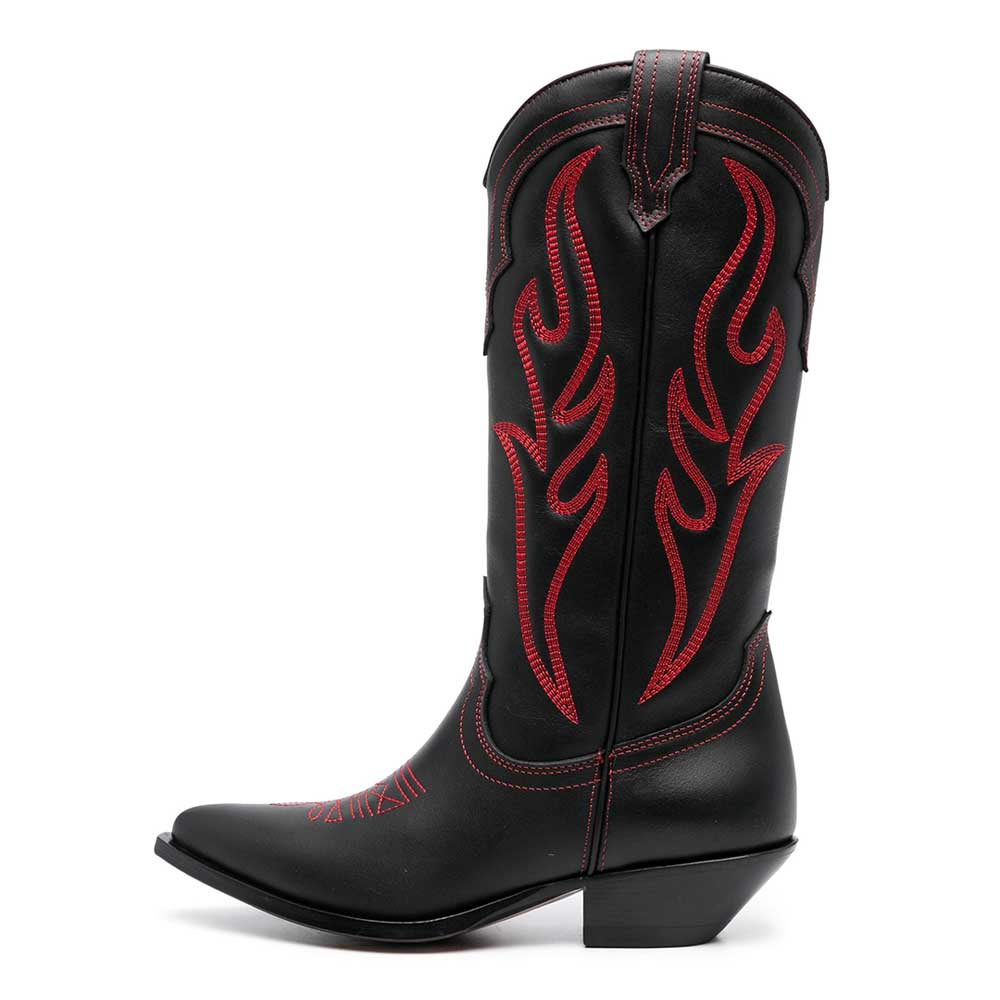Black Pointed Toe Low Heel Mid-Calf Cowgirl Boots with Red Embroidery Nicepairs