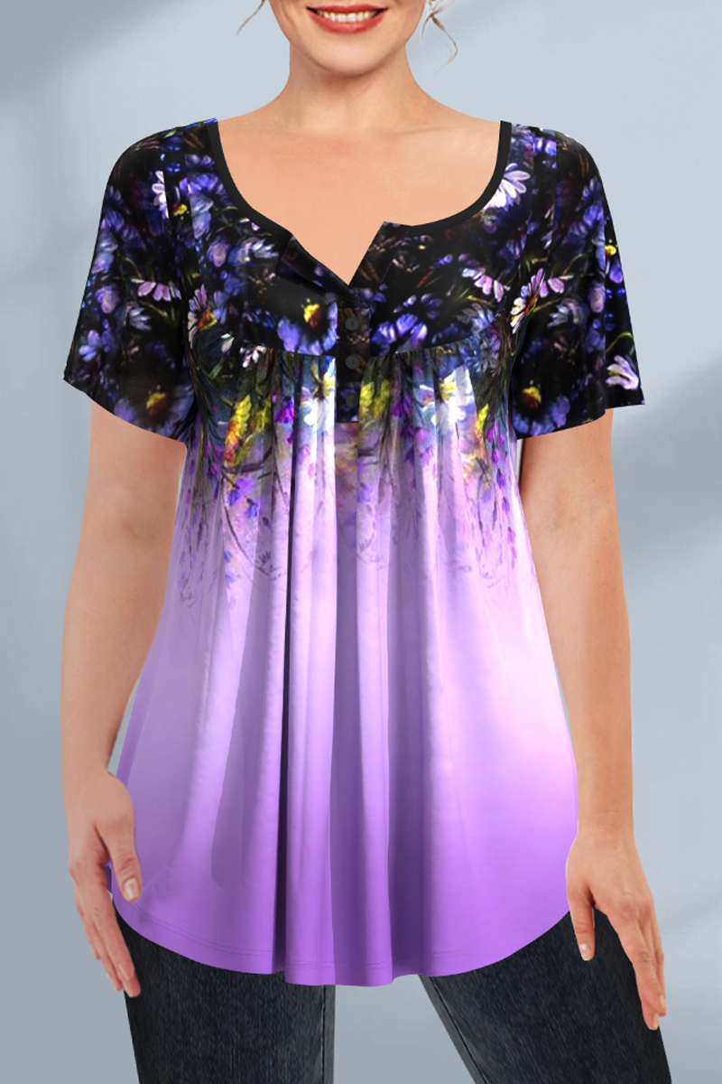 Plus Size Short Sleeve Floral Print Button Detail T Shirt (US shipping only) 2024 - Flycurvy 
